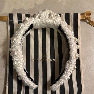 LELE SADOUGHI IVORY MULTI PEARL TWEED KNOTTED HEABAND